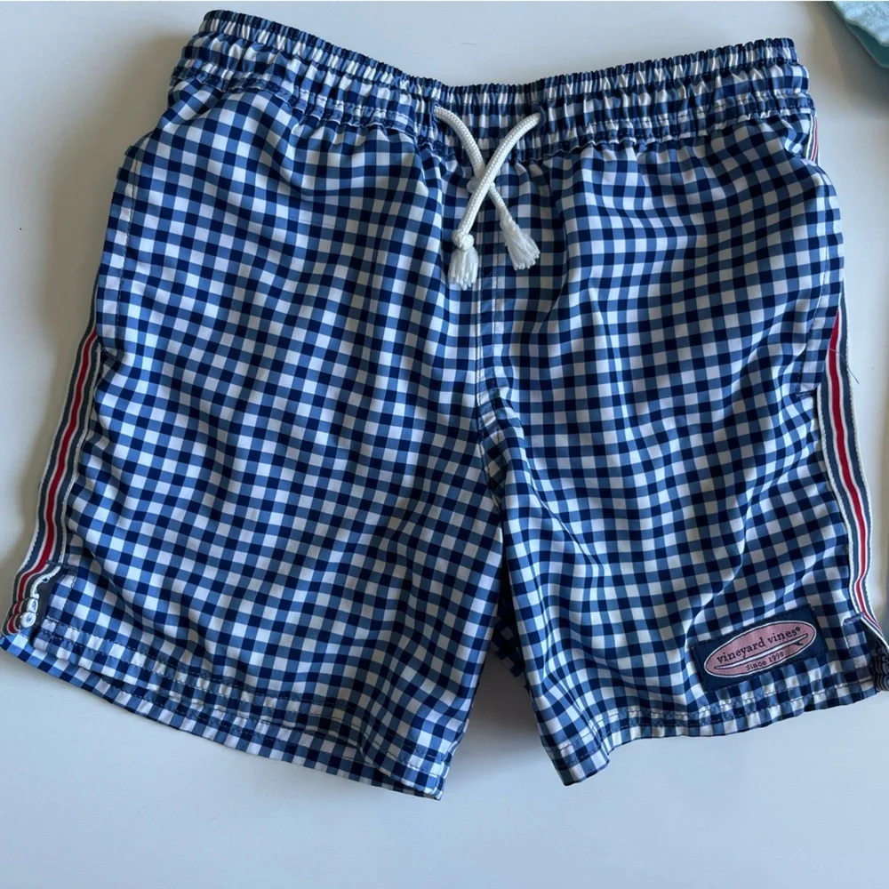 Vineyard Vines Light Blue Polo & Navy Gingham Swim Trunks